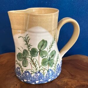 Irish Handcrafted Artist Signed Ceramic Pitcher with Green & Blue Clover Design
